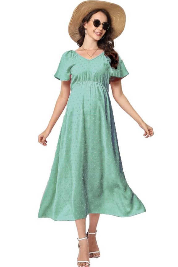 Women's Long Sleeve Maternity Dress V Neck Swiss Dot Casual Loose Short Dresses