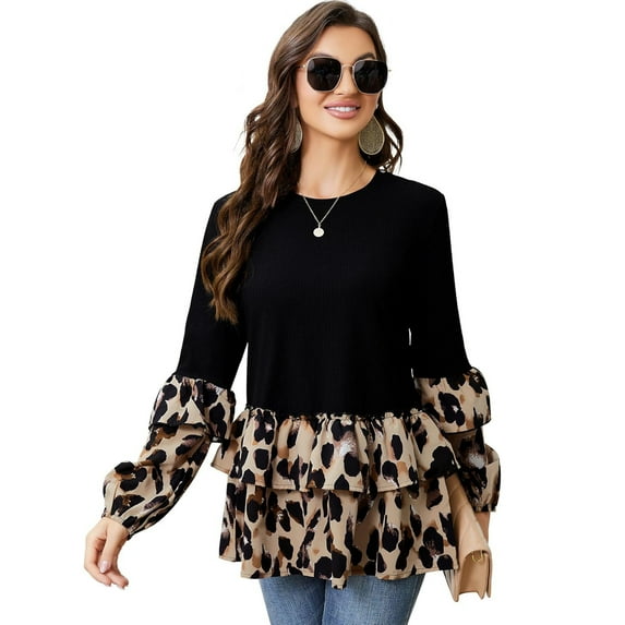 Yesfashion Women's Long Sleeve Ruffles Tunic Leopard Print Tops Babydoll Peplum Blouses