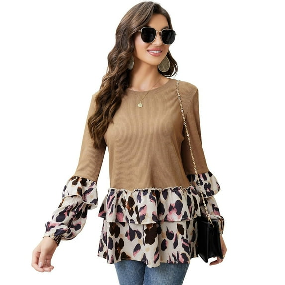 Yesfashion Women's Long Sleeve Ruffles Tunic Leopard Print Tops Babydoll Peplum Blouses
