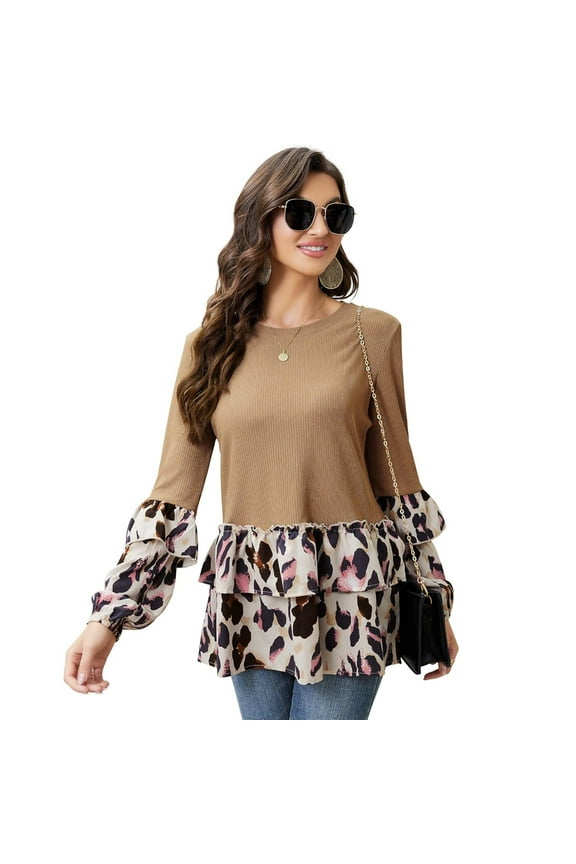 Women's Long Sleeve Ruffles Tunic Leopard Print Tops Babydoll Peplum Blouses