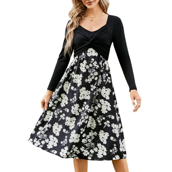 Yesfashion Women's Long Sleeve Vintage Floral Patchwork Dress Flared A-line Swing Casual Party Midi Dress