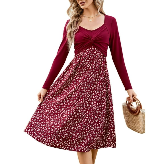 Yesfashion Women's Long Sleeve Vintage Floral Patchwork Dress Flared A-line Swing Casual Party Midi Dress