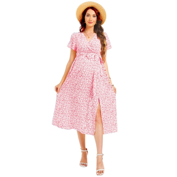 Yesfashion Women's Maternity Dress Summer Ditsy Floral V Neck Short Sleeve A Line Swing Midi Dress