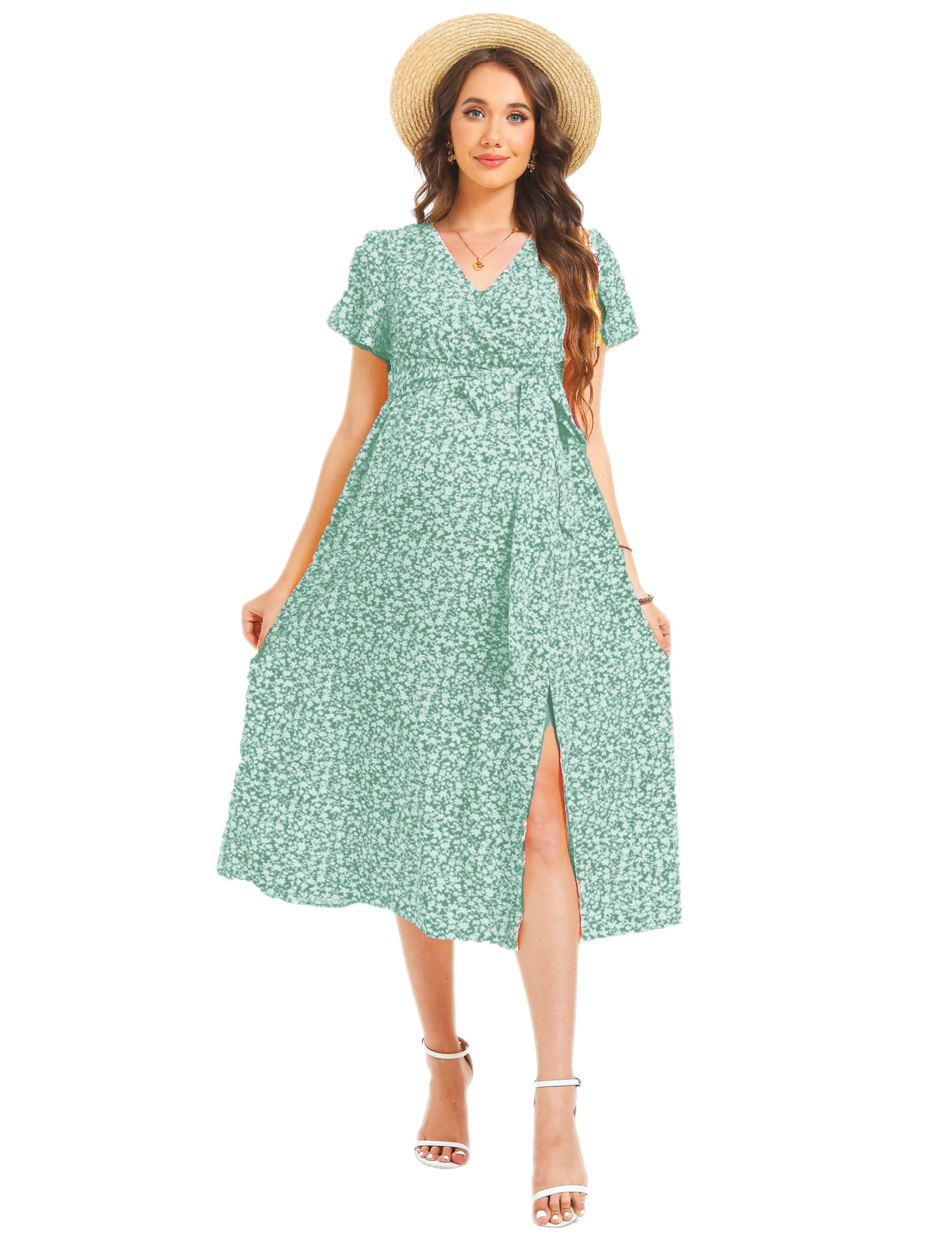 green dress yesstyle Yesfashion Women's Maternity Summer Ditsy Floral V Neck Short Sleeve A Line Swing Midi Dress, Size: Small midi_dresses_collection