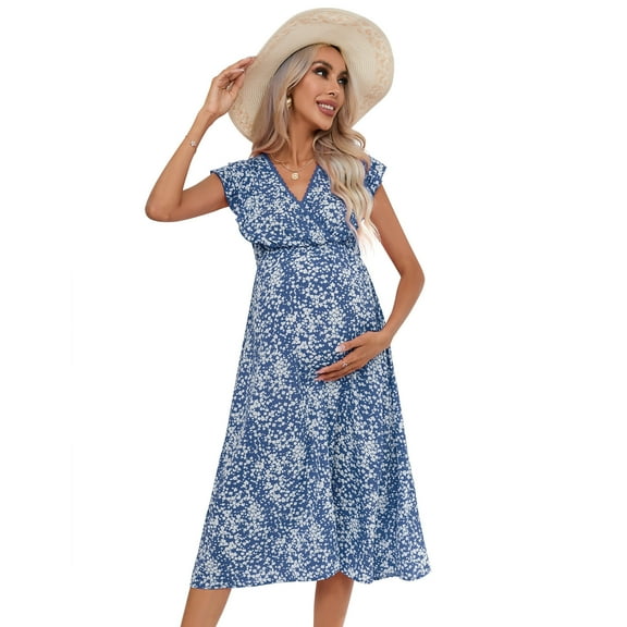Yesfashion Women's Maternity Dress V Neck Ruffle Sleeve Wrap Summer Casual Floral Flowy Maxi Dress