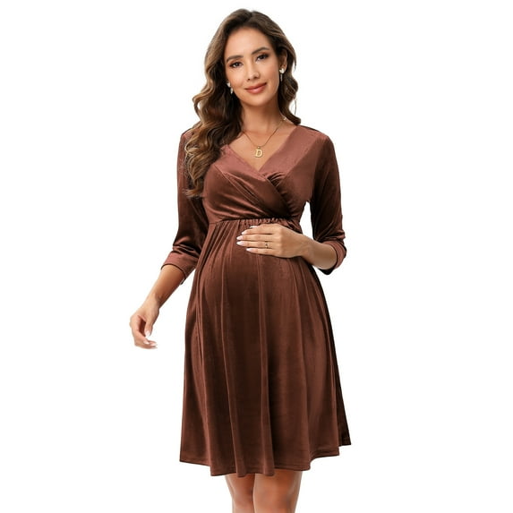 Yesfashion Women's Maternity Dresses Velvet Retro V-Neck A-Line Holiday Wedding Guest Evening Dress