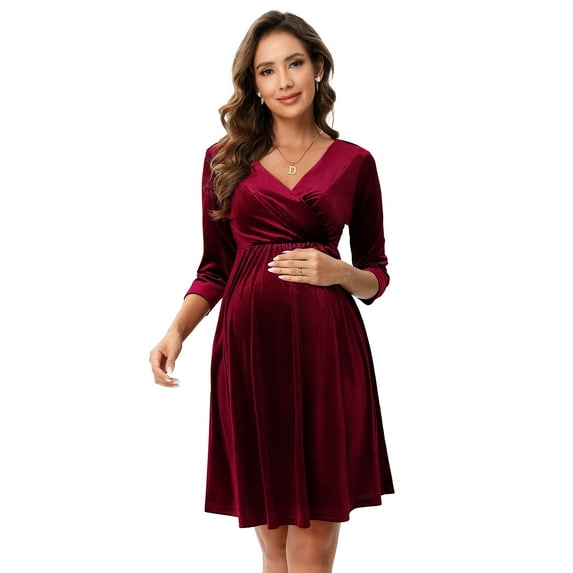 Yesfashion Women's Maternity Dresses Velvet Retro V-Neck A-Line Holiday Wedding Guest Evening Dress