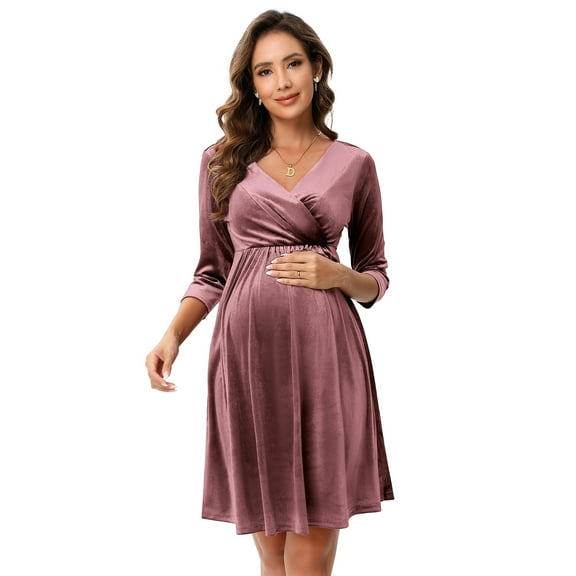 Yesfashion Women's Maternity Dresses Velvet Retro V-Neck A-Line Holiday Wedding Guest Evening Dress
