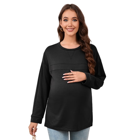 Yesfashion Women's Maternity Long Sleeve T-Shirts Round Neck Tops Loose Pregnancy Fall Mama Clothes