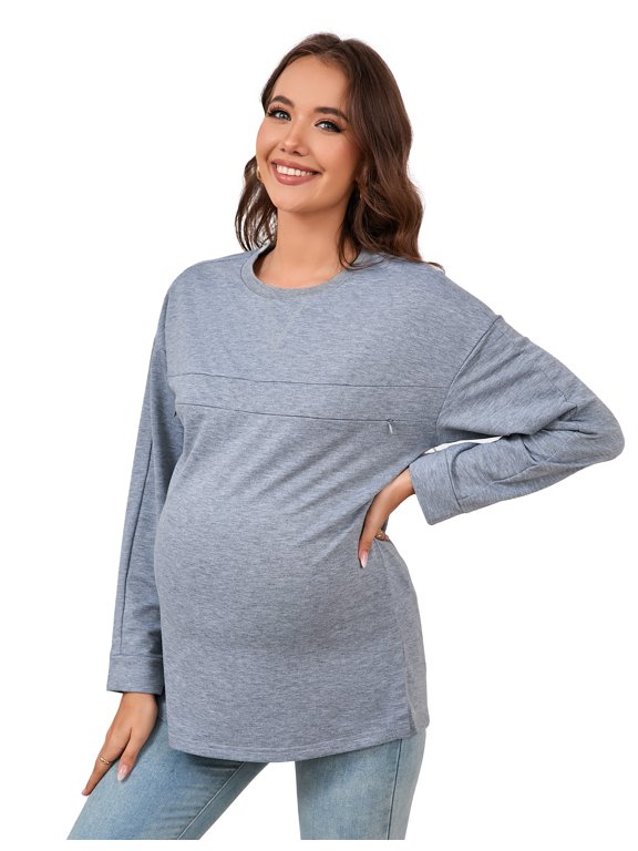 Women's Maternity Long Sleeve T-Shirts Round Neck Tops Loose Pregnancy Fall Mama Clothes