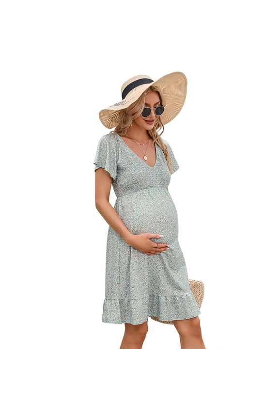 Women's Maternity Short Sleeve Ruffle Dress V Neck Summer Casual Smocked Flowy Midi Dress