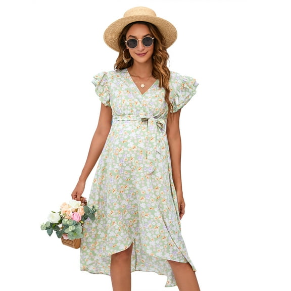 Yesfashion Women's Maternity Smocked Fly Sleeve Summer Dress V Neck Boho Ruffle Casual Swing Midi Dress Baby Shower Photoshoot