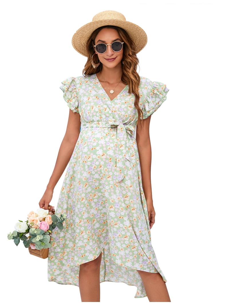Yesfashion Women's Maternity Smocked Fly Sleeve Summer Dress V Neck Boho Ruffle Casual Swing Midi Dress Baby Shower Photoshoot Yesfashion Women's Maternity Smocked Fly Sleeve Summer Dress V Neck Boho Ruffle Casual Swing Midi Dress Baby Shower Photoshoot