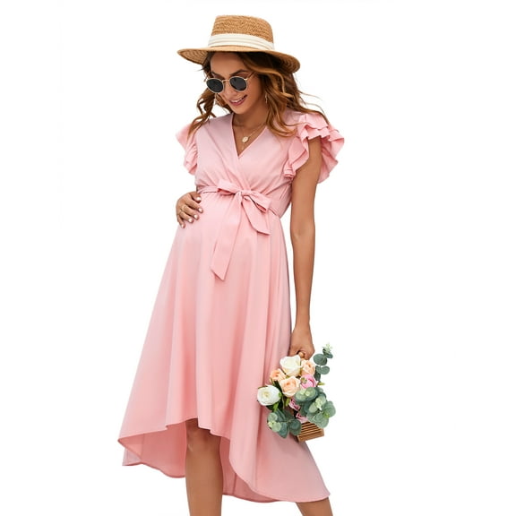 Yesfashion Women's Maternity Smocked Fly Sleeve Summer Dress V Neck Boho Ruffle Casual Swing Midi Dress Baby Shower Photoshoot