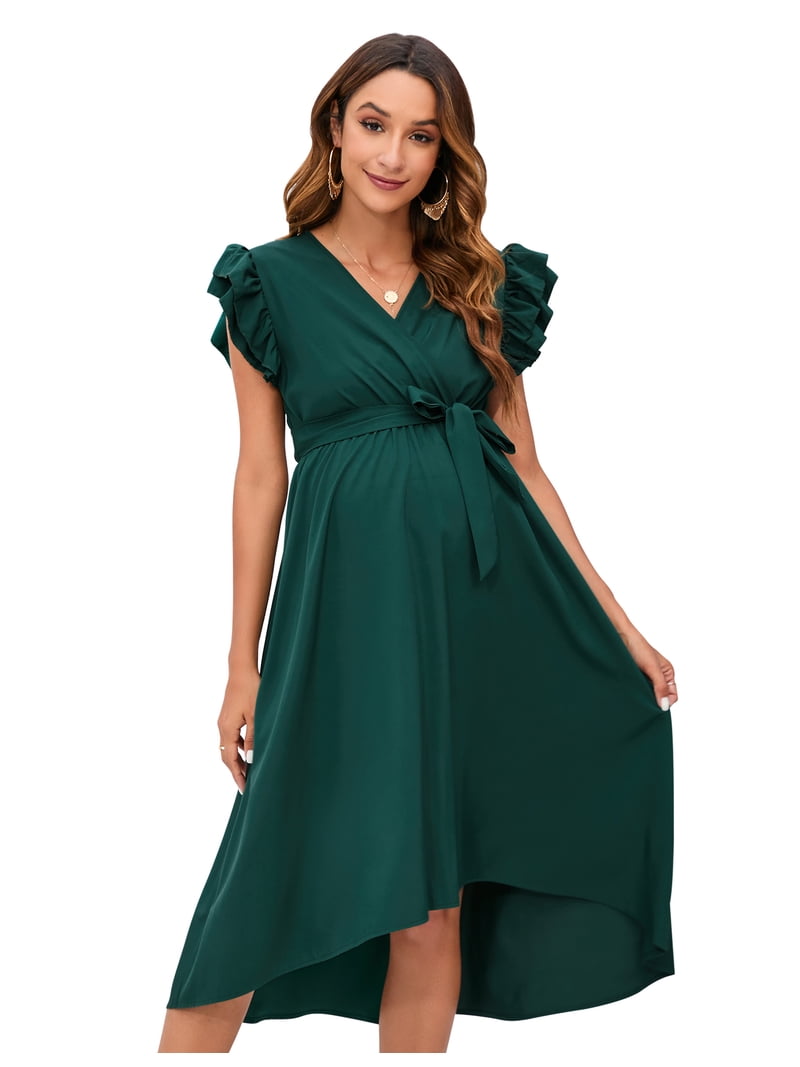 Yesfashion Women's Maternity Smocked Fly Sleeve Summer Dress V Neck Boho  Ruffle Casual Swing Midi Dress Baby Shower Photoshoot - Walmart.com