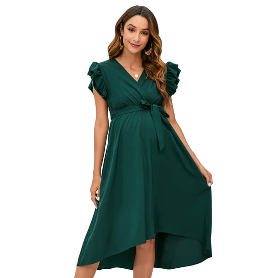 Yesfashion Women's Maternity Smocked Fly Sleeve Summer Dress V Neck Boho Ruffle Casual Swing Midi Dress Baby Shower Photoshoot