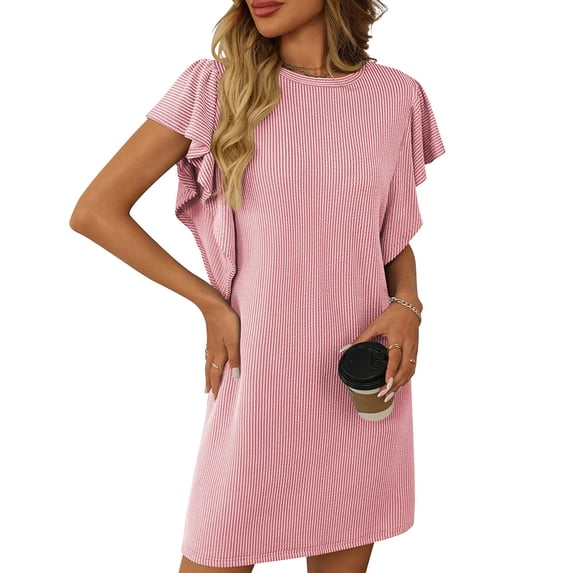 Yesfashion Women's Mid-Length Dress Twist Stripes Ruffled Short Sleeves Round Neck Dress
