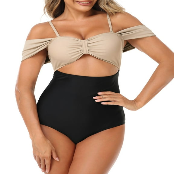 Yesfashion Women's Off Shoulder Color Block One Piece Swimsuits Cutout Scallop Trim Swimwear