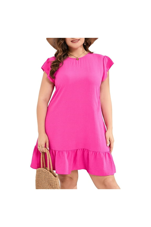 Women's Plus Size Babydoll Mini Dress Flutter Sleeve Flowy Shift Short Dress