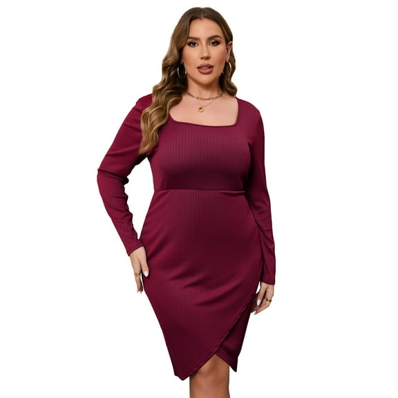 Yesfashion Women's Plus Size Bodycon Long Sleeve Square Neck Ruched Basic Midi Party Dress