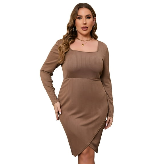 Yesfashion Women's Plus Size Bodycon Long Sleeve Square Neck Ruched Basic Midi Party Dress