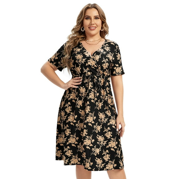 Yesfashion Women's Plus Size Floral V-neck Dress Knee Length Mini Dresses