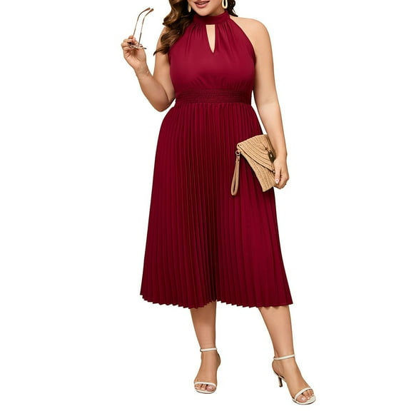 Yesfashion Women's Plus Size Halter Neck Sleeveless Pleated Midi Dress Summer Backless Flowy Beach Sundress