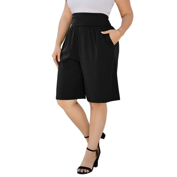 Yesfashion Women's Plus Size High Waist Solid Shorts Loose Wide Leg with Pockets
