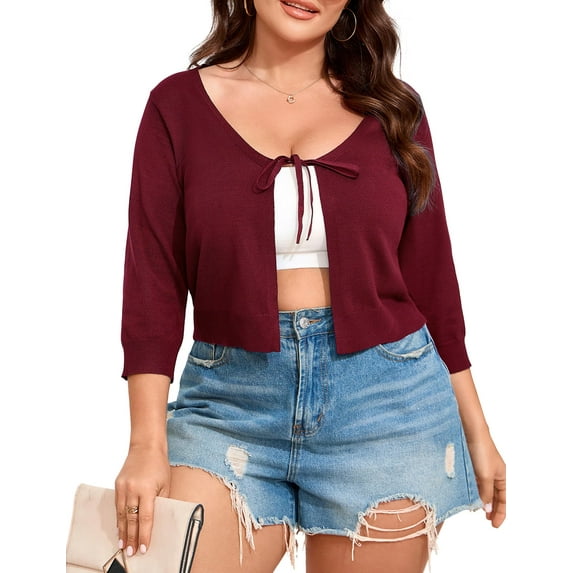 Yesfashion Women's Plus Size Short Sleeve Knit Cardigan Lightweight Lace-Up Front Open Sweater Cardigans