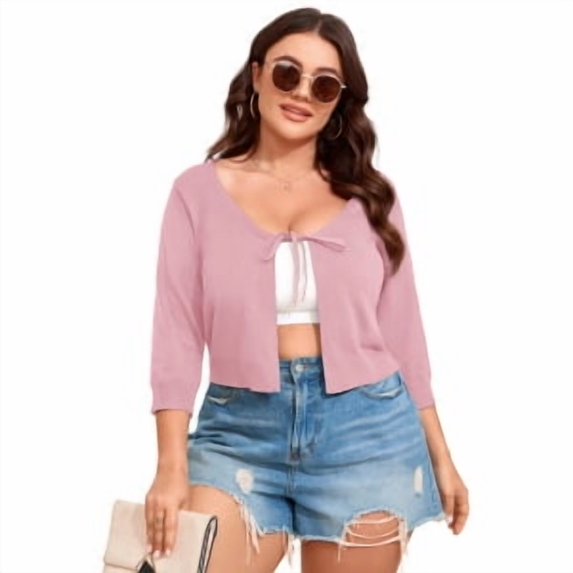 Yesfashion Women's Plus Size Short Sleeve Knit Cardigan Lightweight Lace-Up Front Open Sweater Cardigans