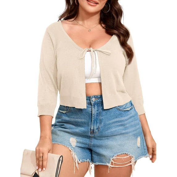 Yesfashion Women's Plus Size Short Sleeve Knit Cardigan Lightweight Lace-Up Front Open Sweater Cardigans