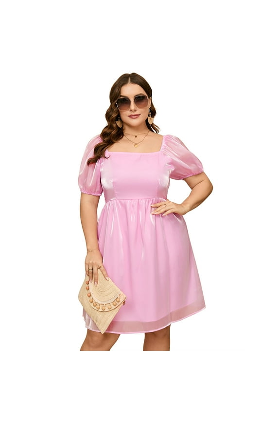 Women's Plus Size Tulle Dress Square Neck Puffy Babydoll Mesh Mini Dress