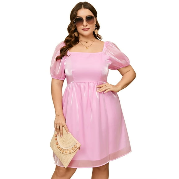 Yesfashion Women's Plus Size Tulle Dress Square Neck Puffy Babydoll Mesh Mini Dress