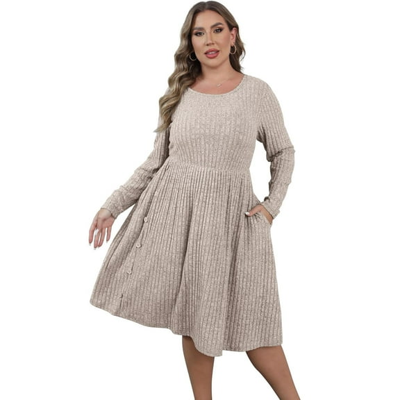 Yesfashion Women's Plus Size V Neck Cable Knit Sweater Dress Long Sleeve Oversized Casual Pullover Midi Dress