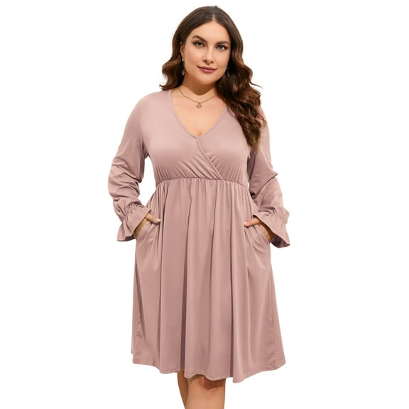 Yesfashion Women's Plus Size V-Neck Long Sleeve Dress with Pockets – Casual Flowy Maxi Dress for Everyday Wear