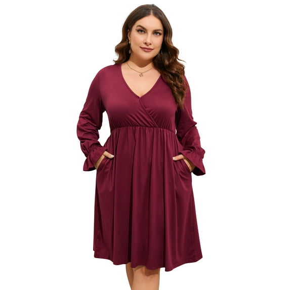 Yesfashion Women's Plus Size V-Neck Long Sleeve Dress with Pockets – Casual Flowy Maxi Dress for Everyday Wear