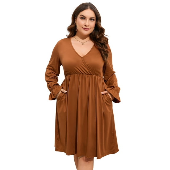 Yesfashion Women's Plus Size V-Neck Long Sleeve Dress with Pockets – Casual Flowy Maxi Dress for Everyday Wear