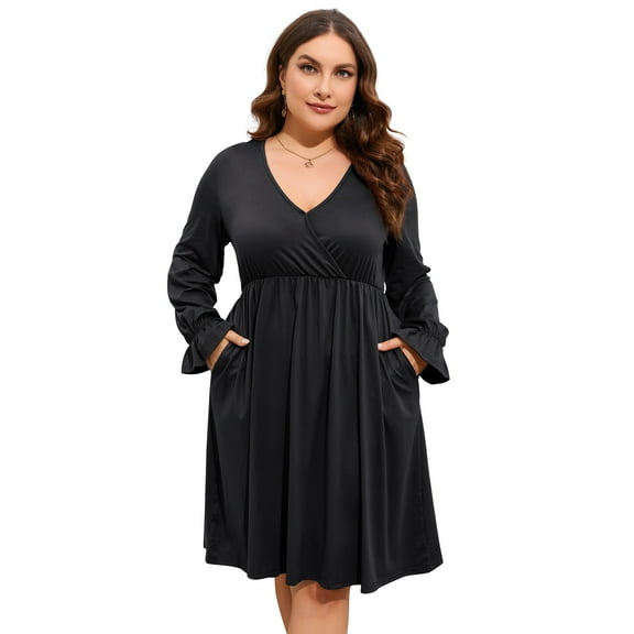 Yesfashion Women's Plus Size V-Neck Long Sleeve Dress with Pockets – Casual Flowy Maxi Dress for Everyday Wear