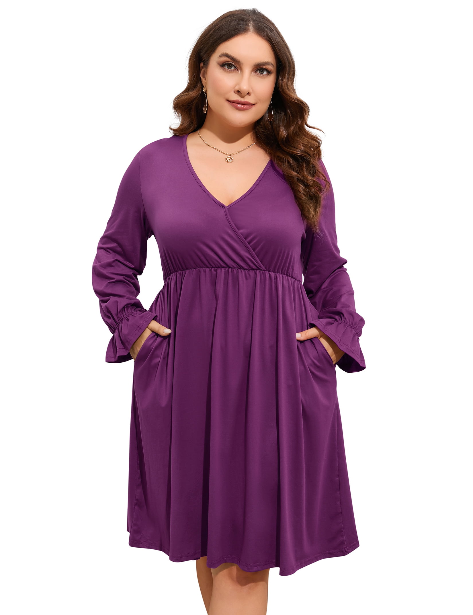 Yesfashion Women's Plus Size V-Neck Long Sleeve Dress with Pockets  Casual  Flowy Maxi Dress for Everyday Wear - Walmart.com