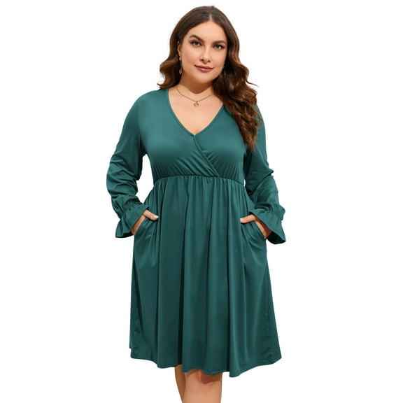 Yesfashion Women's Plus Size V-Neck Long Sleeve Dress with Pockets – Casual Flowy Maxi Dress for Everyday Wear