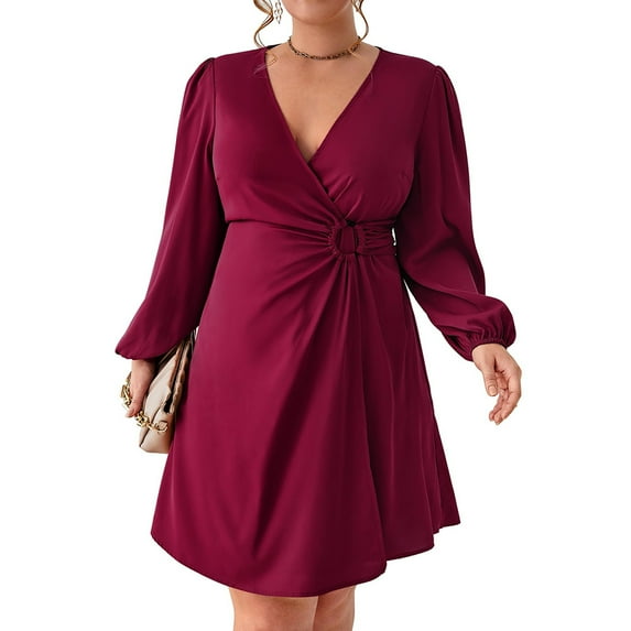 Yesfashion Women's Plus Size V Neck Wrap Casual Long Sleeve High Waist Party Business Work Midi Dress