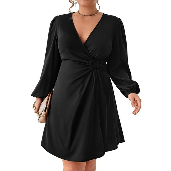 Yesfashion Women's Plus Size V Neck Wrap Casual Long Sleeve High Waist Party Business Work Midi Dress