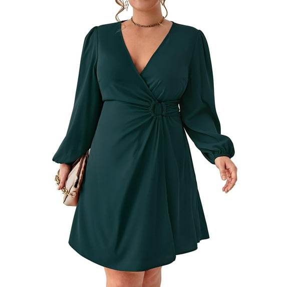 Yesfashion Women's Plus Size V Neck Wrap Casual Long Sleeve High Waist Party Business Work Midi Dress