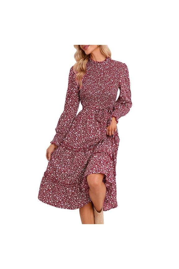 Women's Ruffle Mock Neck Long Sleeve Smocked Casual Floral Printed Elastic Waist Tiered Midi Dress