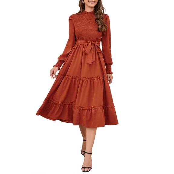 Yesfashion Women's Ruffle Mock Neck Long Sleeve Smocked Casual Floral Printed Elastic Waist Tiered Midi Dress