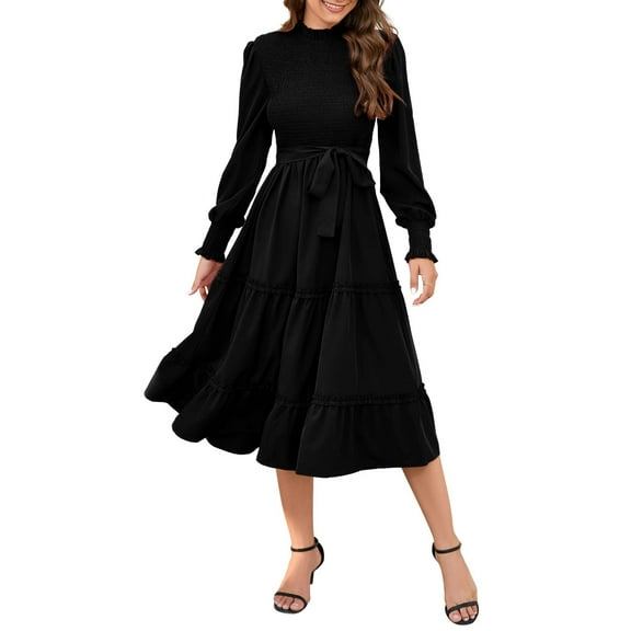 Yesfashion Women's Ruffle Mock Neck Long Sleeve Smocked Casual Floral Printed Elastic Waist Tiered Midi Dress