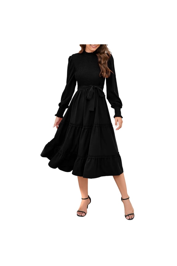 Women's Ruffle Mock Neck Long Sleeve Smocked Casual Floral Printed Elastic Waist Tiered Midi Dress