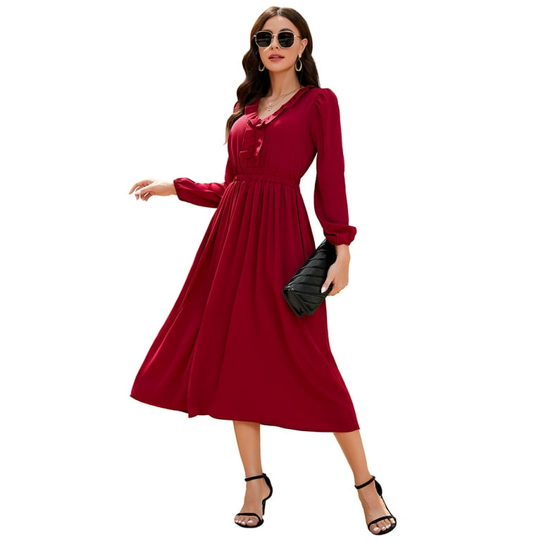 Yesfashion Women's Ruffle Trim V Neck Long Sleeve Solid Bohemian Casual  High Waist Pleated Maxi Party Dress