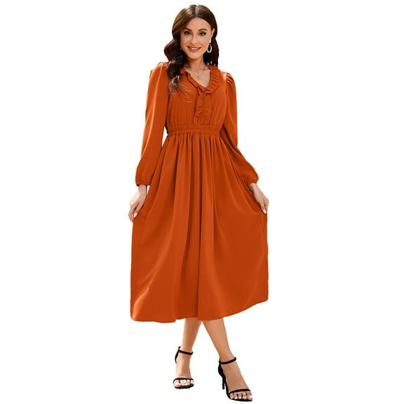 Yesfashion Women's Ruffle Trim V Neck Long Sleeve Solid Bohemian Casual High Waist Pleated Maxi Party Dress