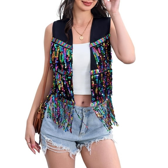 Yesfashion Women's Sequin Fringe Vest 70s Denim Party Prom Rave Hippie Sleeveless Loose Costume